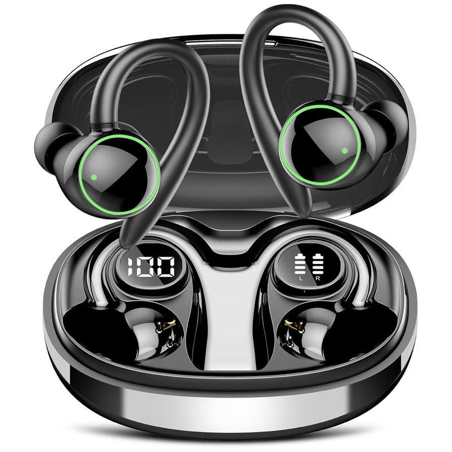 Bluetooth Headphones Sport, Over Ear Buds With Noise Cancelling Mic, 48H, Wireless Earphone With Earhooks, Black