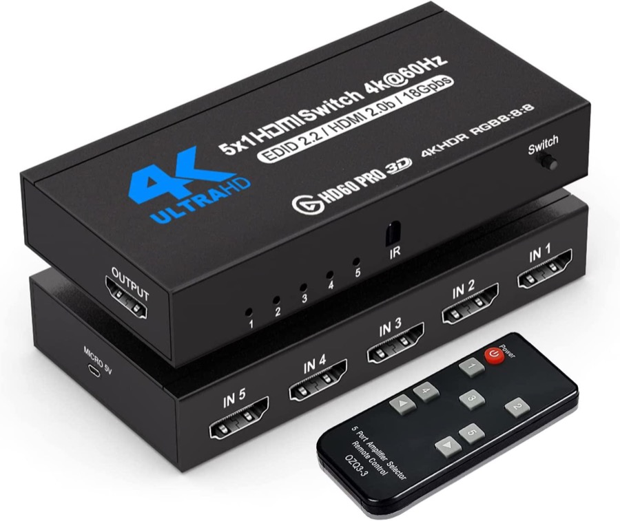HDMI Switch with Remote 5 Port 4K 60Hz, AUBEAMTO 5 in 1 Out HDMI Switcher Hub Selector Box Supports Ultra HD Dolby Vision, High Speed (Max to 18.5Gbps), HDR10, HDMI 2.0 HDCP 2.2 & 3D