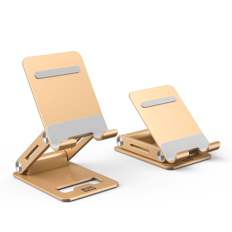 Minthouz Adjustable & Foldable Z-type Aluminum Mobile Phone Stand with Anti-Slip Base and Convenient Charging Port, Compatible with iPhone 16-11 series and more 4.7''-7.9'' Phones - Gold